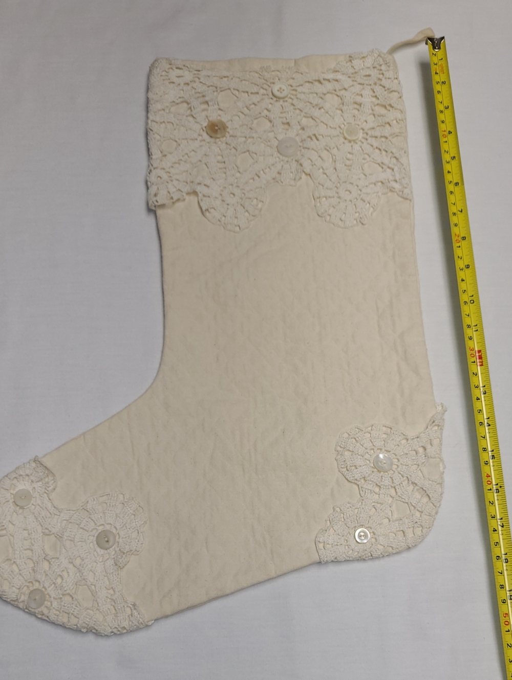 Handmade vintage heirloom Cream Lace Trim & Buttons Christmas Holiday Stocking
